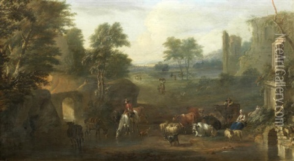 Drovers With Their Flocks Before An Extensive River Landscape Oil Painting - Joseph Roos