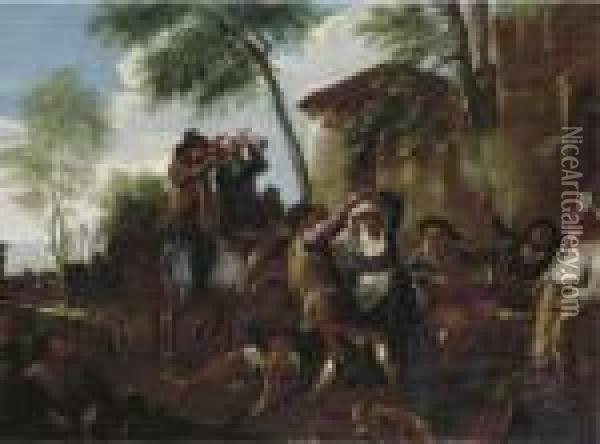 Peasants Dancing The Saltarello By A Farmhouse Oil Painting - Jan Miel