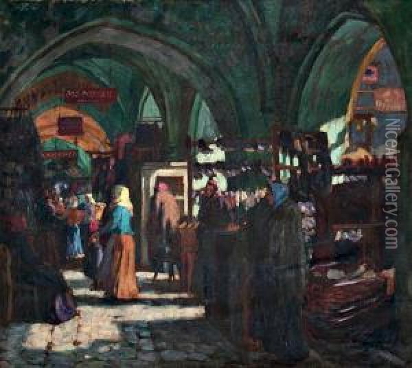 At The Market, Clearing Away Snow Oil Painting - Vaclav Maly