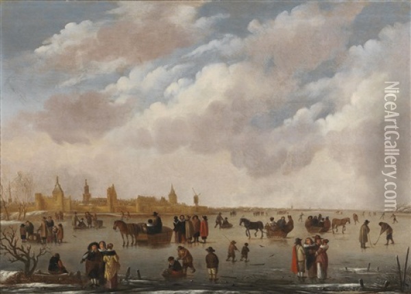 Elegant Figures On The Ice With A Town Beyond Oil Painting - Willem Gillisz Kool