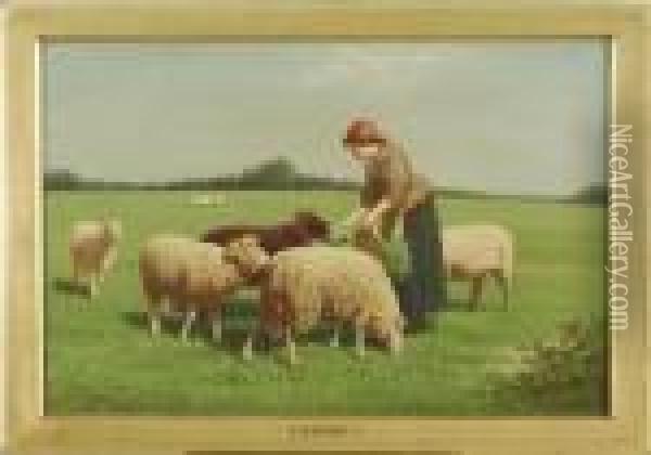 Woman Feeding A Flock Of Sheep In A Pasture Oil Painting - Samuel S. Carr