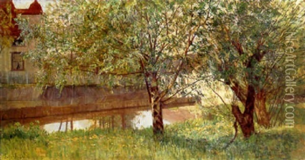 Spring: Houses Along A Canal Oil Painting - Kitty (Christine) Lange Kielland