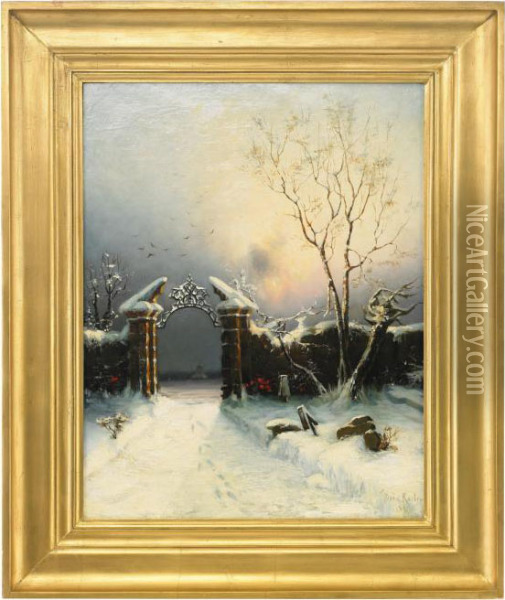 The Gate In Winter Oil Painting - Iulii Iul'evich (Julius) Klever