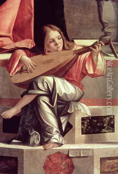 Minstrel angel playing a lute, detail from The Presentation of Jesus in the Temple, 1510 (detail) Oil Painting - Vittore Carpaccio