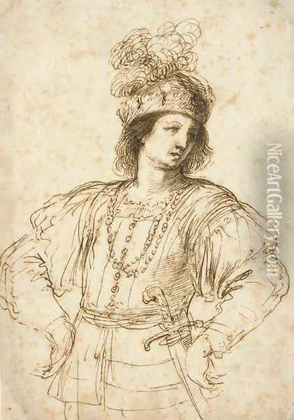 A young man with a sword in elaborate dress, his hands on his hips Oil Painting - Giovanni Francesco Barbieri