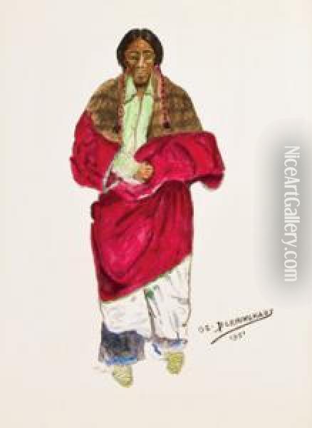 Indian In Red Blanket Oil Painting - Oscar Edmund Berninghaus