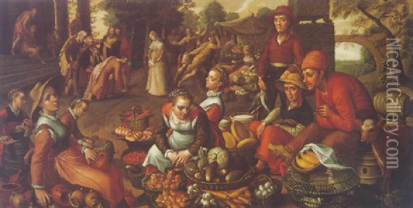 A Market Scene,with Beyond, Christ And The Woman Taken In Adultery Oil Painting - Pieter Aertsen