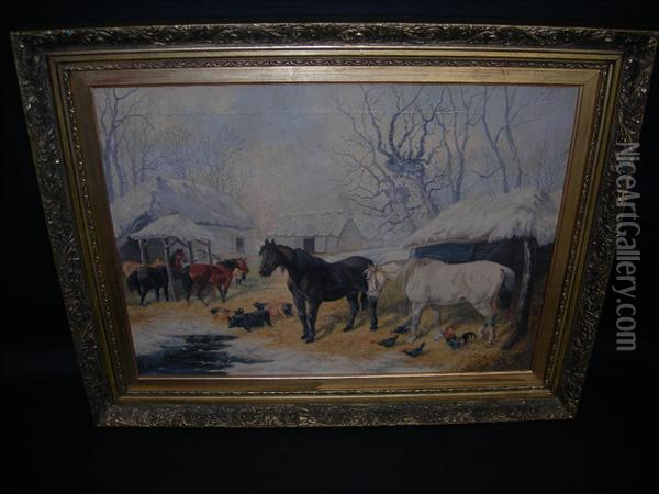Junior Farmyard With Horses, Pigs And Poultry In The Snow Oil Painting - John Frederick Herring Snr