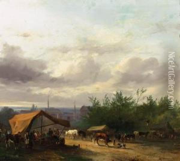 A Cattle-market With Factories In A Town Beyond Oil Painting - Jacobus Pelgrom