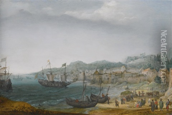 A Fortified Coastal Town With Fishermen Unloading Their Catch And Larger Vessels Offshore Oil Painting - Adam Willaerts