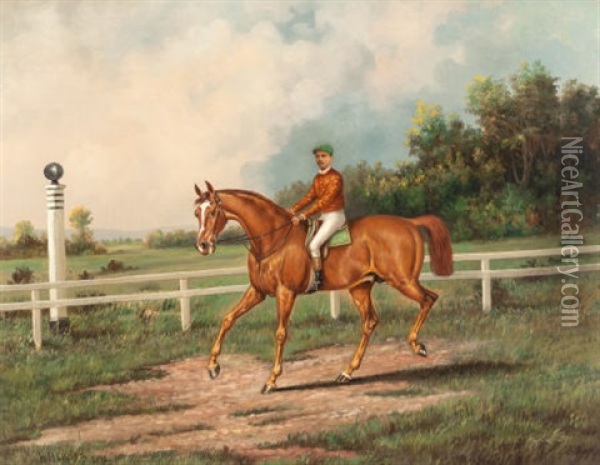 Chestnut Racehorse With Jockey Up On A Training Track With A Wooded Landscape Beyond Oil Painting - Henry H. Cross