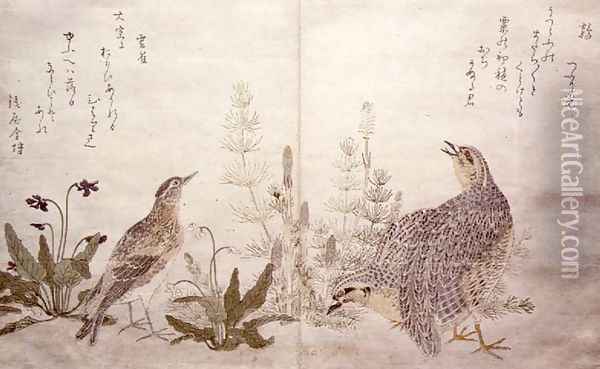 Pair of Quail and grasses on the right and a Skylark amid grasses on the left, from an album Birds compared in Humorous Songs, 1791 Oil Painting - Kitagawa Utamaro