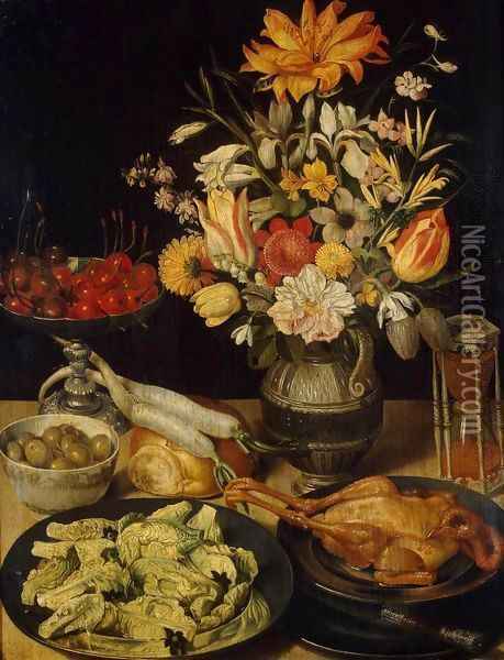 Still-Life with Flowers and Snacks Oil Painting - Georg Flegel