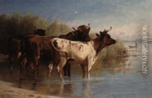 Cattle Watering In A River Landscape Oil Painting - Adolf Heinrich Mackeprang