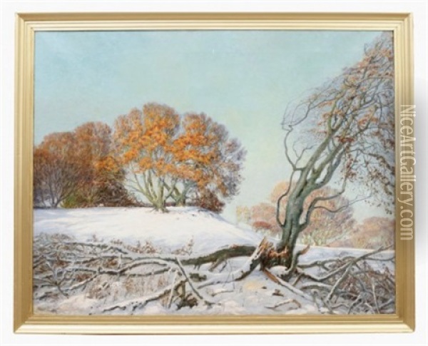 Solbelyst Vinterlandskap Oil Painting - Olaf Viggo Peter Langer