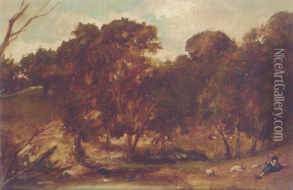 A Shepherd In A Wooded Landscape Oil Painting - William Etty