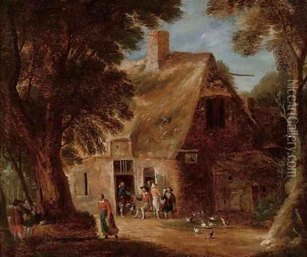 A wooded landscape with boors drinking by a cottage Oil Painting - Joos Cornelisz. Droochsloot