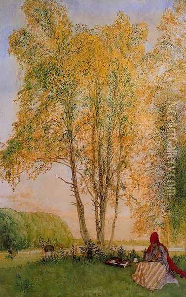 Under the birches Oil Painting - Carl Larsson