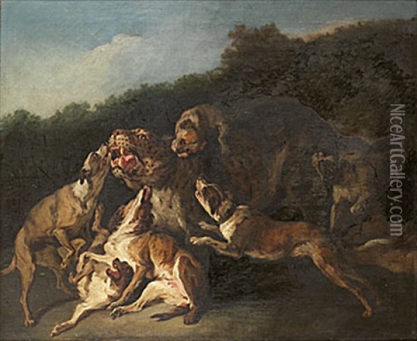 Hundar Anfallande En Leopard Oil Painting - Jean-Baptiste Oudry