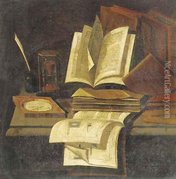 Books, an hourglass, a quill and ink pot and a compass on a table Oil Painting - Edwart Collier