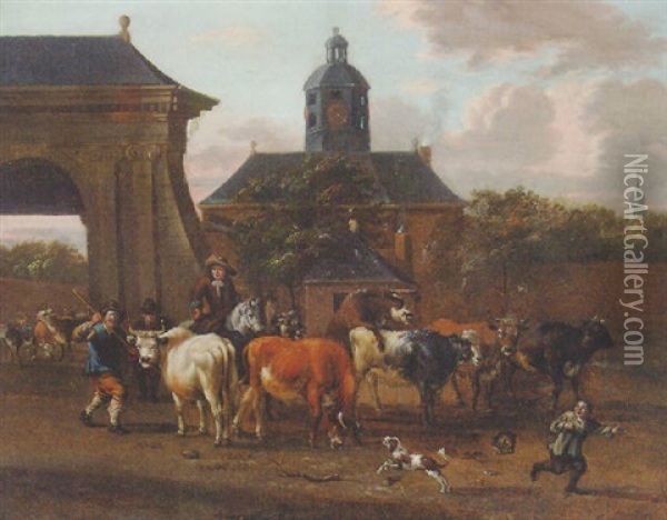 Cattle And Drovers By An Archway Leading To A Mansion Oil Painting - Michiel (Carree) Carre