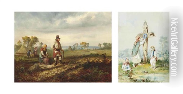 The Potato Pickers And Family At A Shrine, Watercolor (2 Works) Oil Painting - Franciszek Kosttrzievsky
