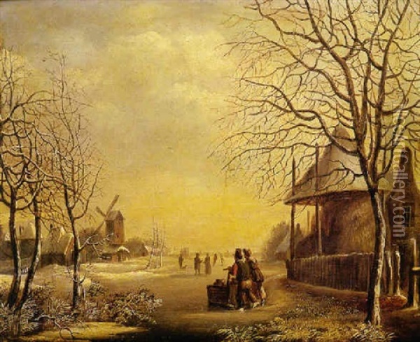 Riviere Glacee Et Patineurs Oil Painting - Andreas Schelfhout