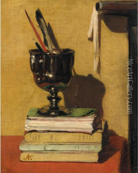 Vase And Books On A Red Table Oil Painting - William Nicholson