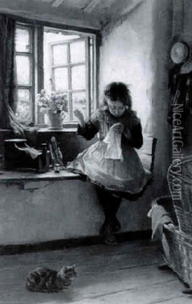 Young Girl Sewing By Window Oil Painting - William Banks Fortescue