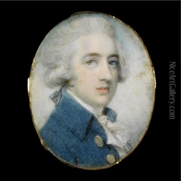 Portrait Of A Gentleman, Head And Shoulders, With Powdered Hair En Queue, Wearing A Blue Coat With Brass Buttons And A White Cravat, Cloud And Sky Background Oil Painting - Richard Cosway