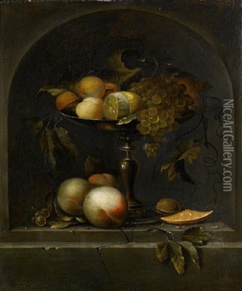 Peaches, Grapes And A Lemon In A Silver Gilt Tazza With Peaches, Walnuts And An Orange In A Stone Niche Oil Painting - Johannes Borman