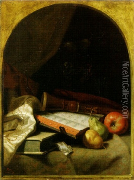 Still Life With Fruit, Books And Clarinet Oil Painting - George W. Platt