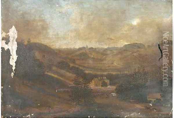 Soldiers on parade outside a country manor, in an extensive landscape Oil Painting - English School