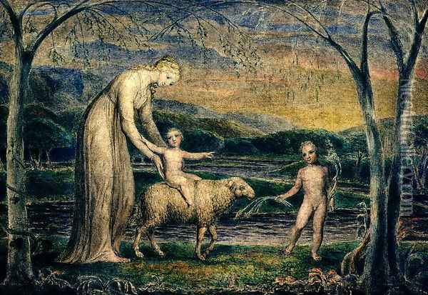 The Christ Child riding on a Lamb Oil Painting - William Blake