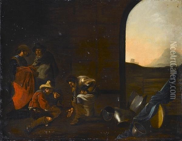 Soldiers Playing Dice, A Flag And Armour Lying Nearby Oil Painting - Maestro Dei Mestieri