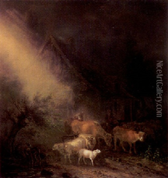 Hirte Auf Einem Maultier Mit Seiner Viehherde Oil Painting - Jean-Baptiste De Roy
