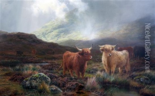 Highland Cattle In A Valley Oil Painting - Louis Bosworth Hurt
