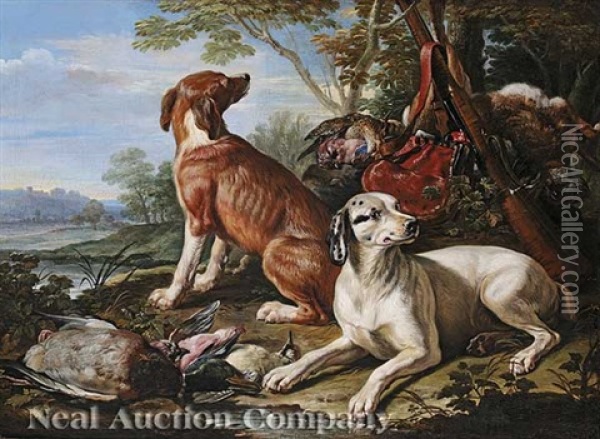 Two Hunting Hounds With Game In A Landscape Oil Painting - Jean-Baptiste Oudry