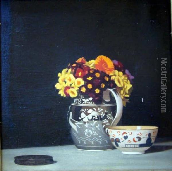 Hay Oil On Canvas Still Life Of A Bowl And Jug Of Flowers Signed And Dated 1928 20 X 20in Oil Painting - Cecil Jay