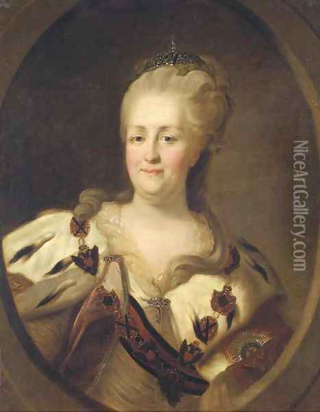 Portrait of Catherine the Great (1762-1796), in an ermine-trimmed robe, wearing the chain of the Order of St. Andrew Oil Painting - Fedor Rokotov