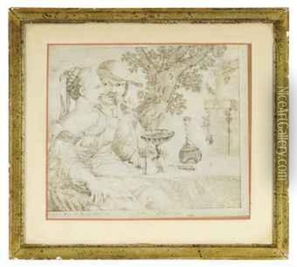 Amorous Couples On A Terrace; And A Companion Drawing Oil Painting - Gaetano Biccari