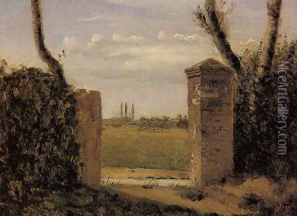 Boid-Guillaumi, near Rouen - A Gate Flanked by Two Posts Oil Painting - Jean-Baptiste-Camille Corot