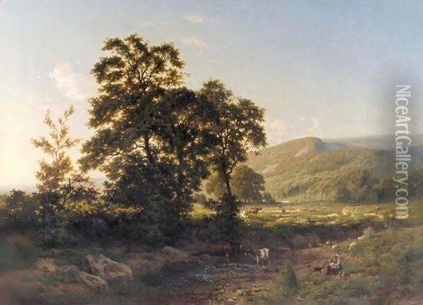 Paisaje Con Ganado (Panoramic Landscape With Cattle) Oil Painting - Carlos de Haes