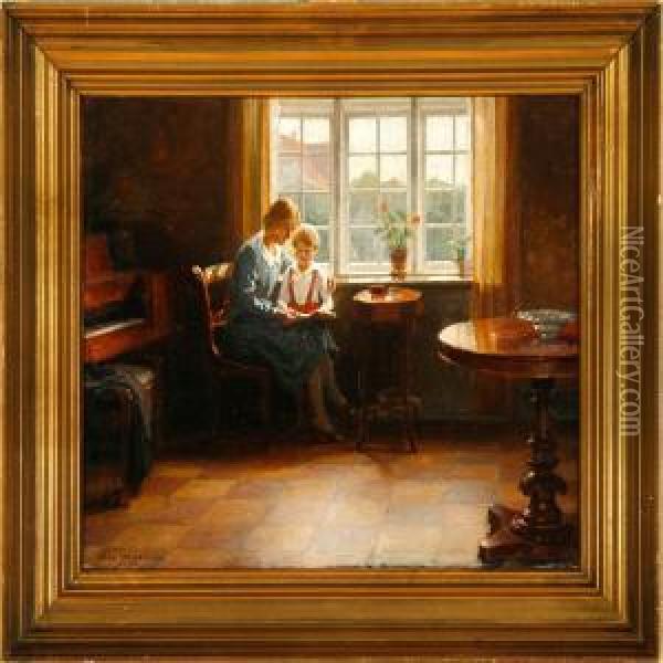Interior With A Motherand Her Child Oil Painting - Axel Johansen