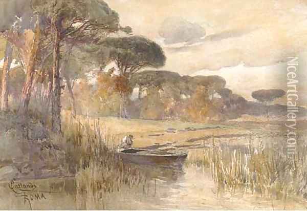 Figure in a boat at the river's edge, in a wooded landscape Oil Painting - C. Karlandi
