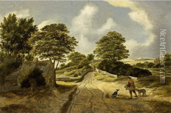 A Dune Landscape With A Sportsman And His Dogs On A Path Near A Cottage Oil Painting - Claes Hals