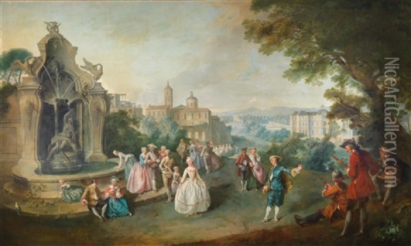 Eine Elegante Gesellschaft An Einem Brunnen Vor Dem Hintergrund Eines Schlosses Oil Painting - Jacques de Lajoue