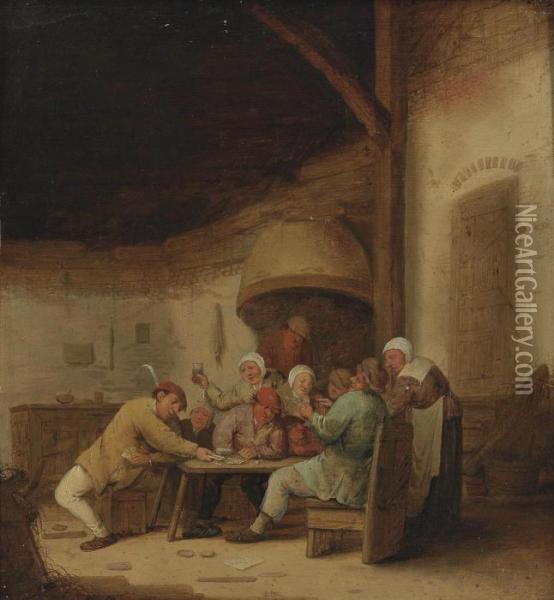 Peasants Drinking And Playing Cards In A Tavern Oil Painting - Bartholomeus Molenaer