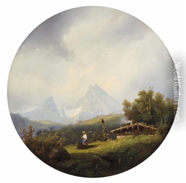 Hochalm In Berchtesgaden Mit Bauernpaar Vor Hutte Und Blick Auf Den Watzmann Oil Painting - Carl Triebel
