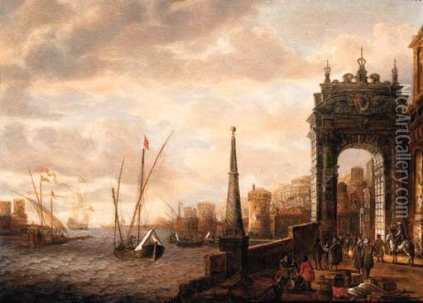 A Capriccio Of A Mediterranean 
Harbour With Merchants Andtravellers On A Quay By A Gate, Galleys And 
Other Shippingbeyond Oil Painting - Jacobus Storck